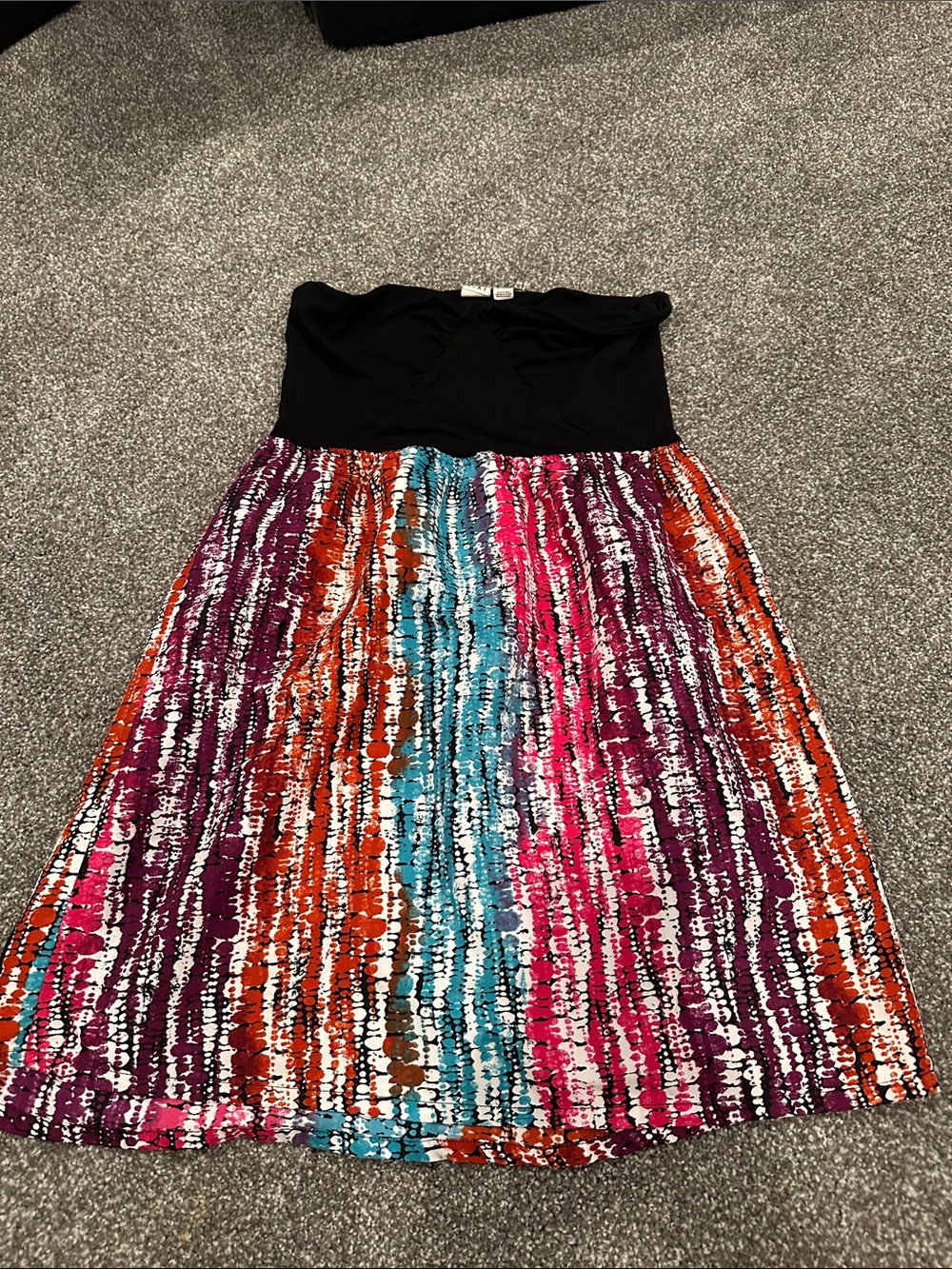 Roxy Strapless Black Bodice Dress with Pink, Purple, Orange & Teal Stripe Skirt